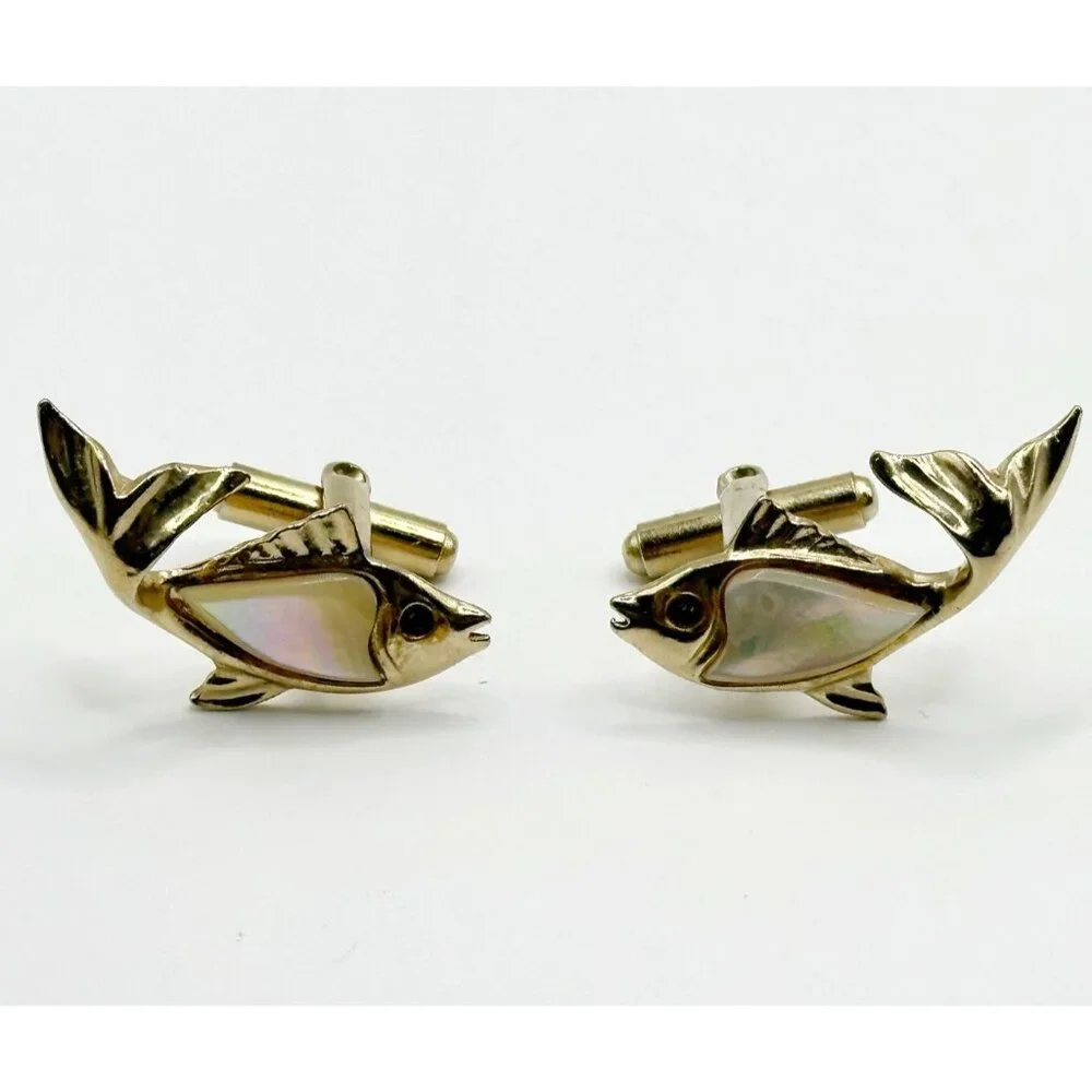 Vintage Gold-tone Fish Cufflinks Mother of Pearl Red Crystal Eyes